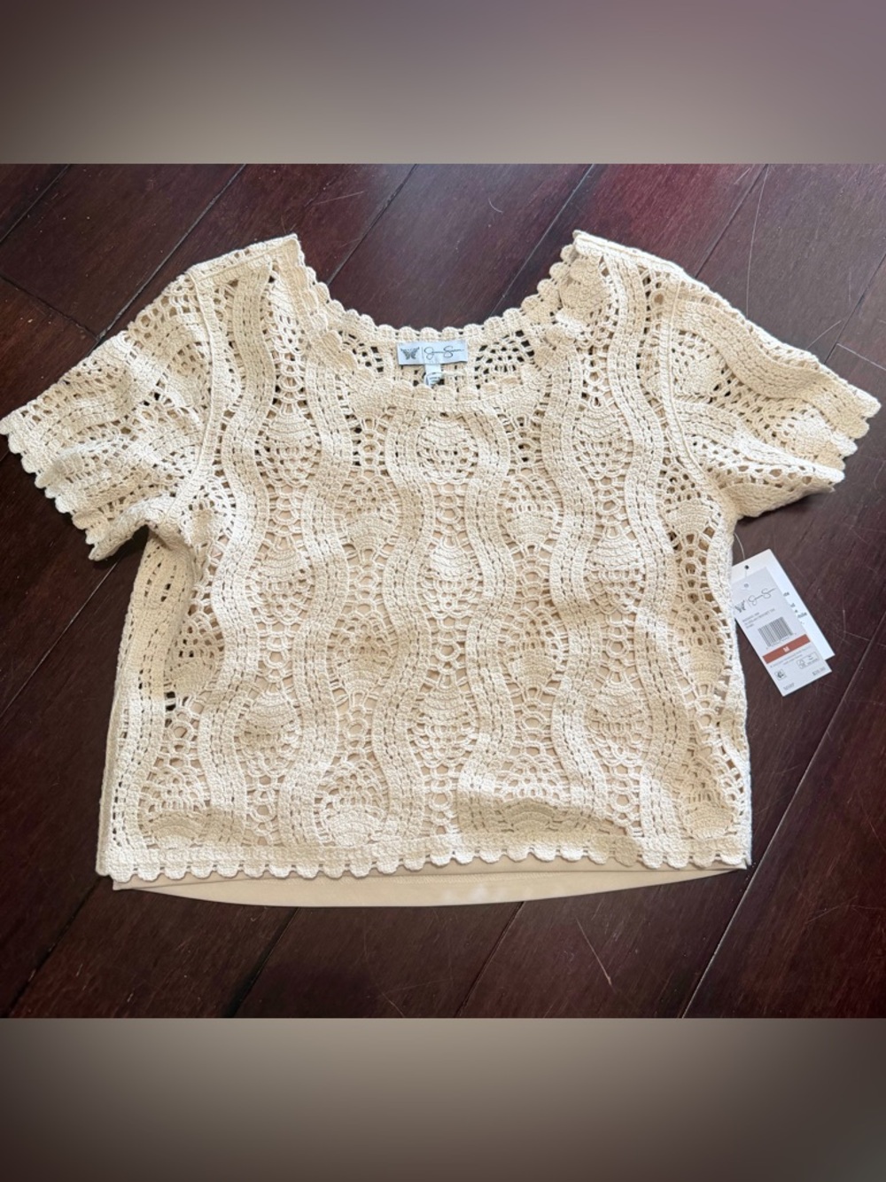 Jessica Simpson Cream Crochet Scoop Neck Sweater Top